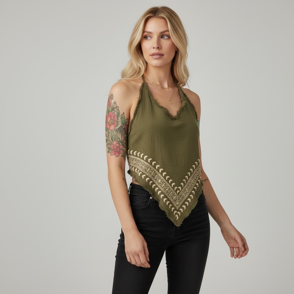 Green White Raw Cotton Backless Halter Top